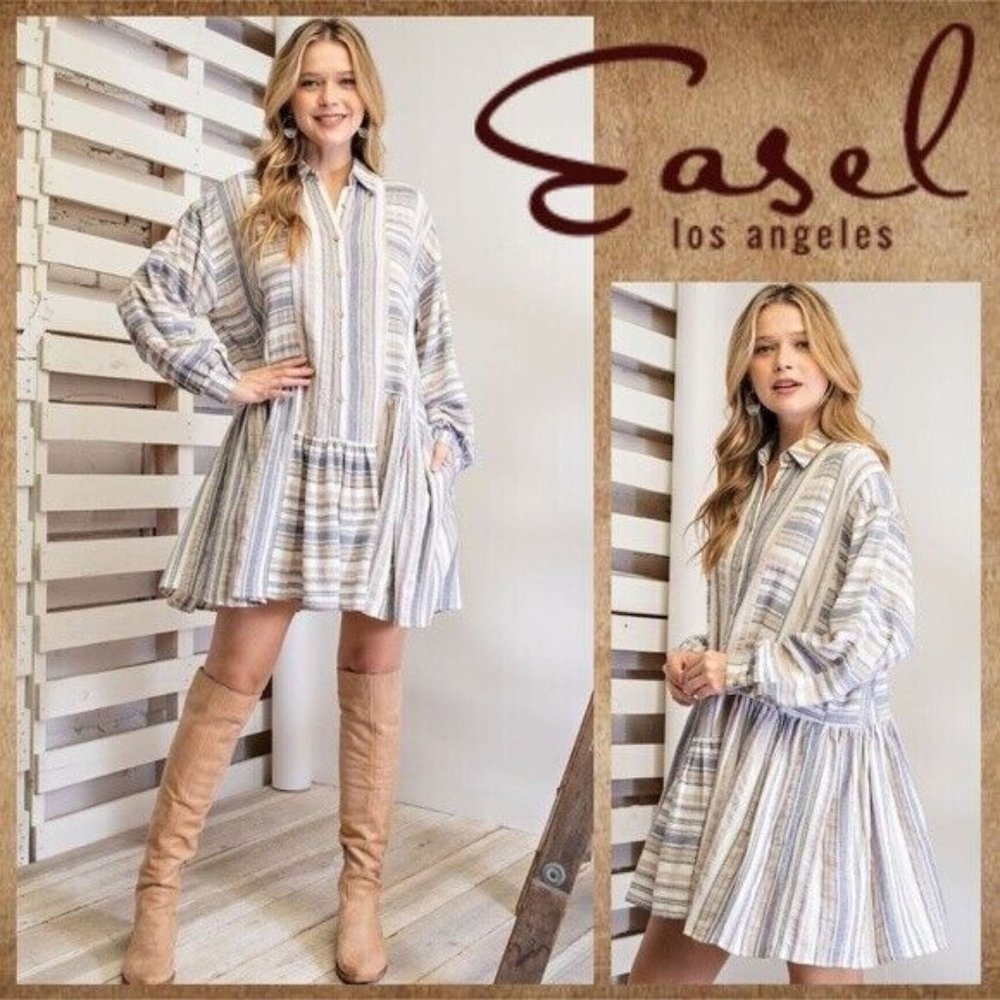 EASEL Lightweight Cuffed Bubble Sleeved Tunic Dress W/Off-Set Gathers & Button